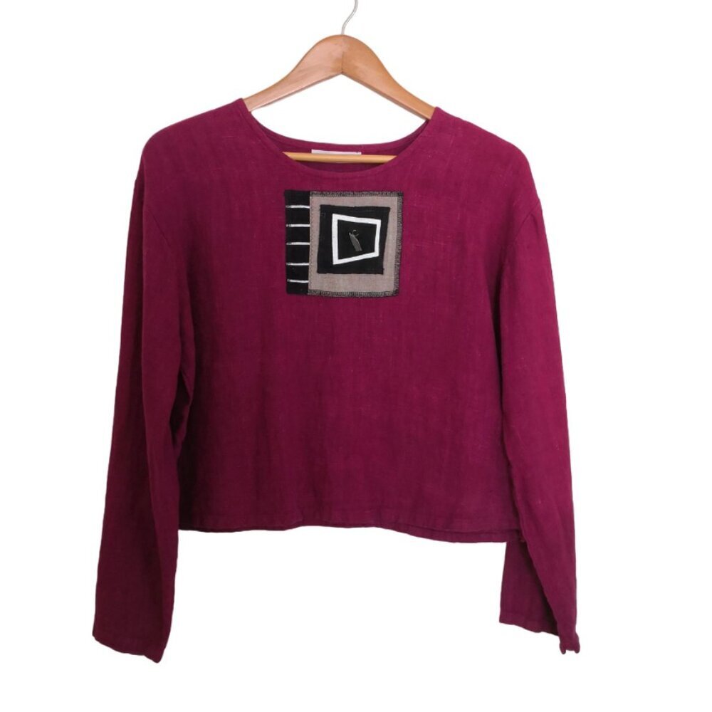 Andrea Geer 100%‎ Linen Cropped Artsy Top Burgundy Size M